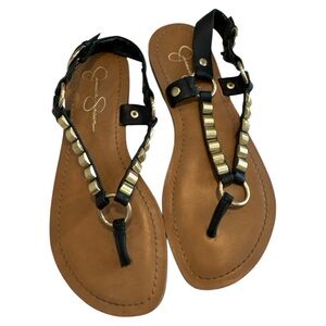 Jessica Simpson Black and Tan Gem-Embellished T-Strap Sandals